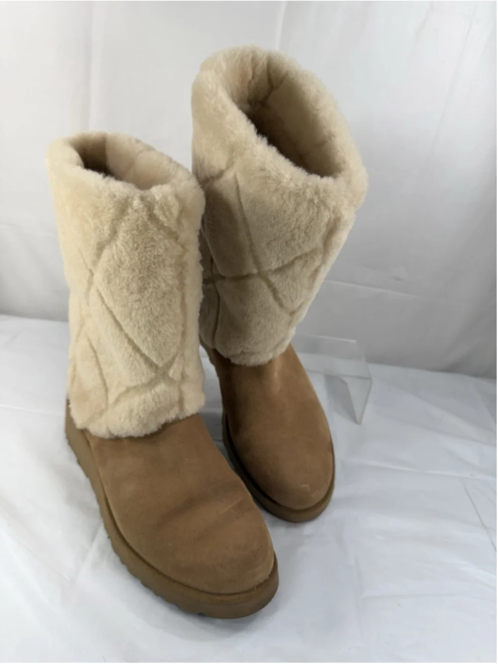 UGG Ariella Luxe Diamond Boots Chestnut Suede Sheepskin Cuff SIZE 7.5